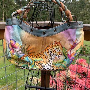 Anuschka Leather Hand-Painted Leopard Hobo Handbag with Florals